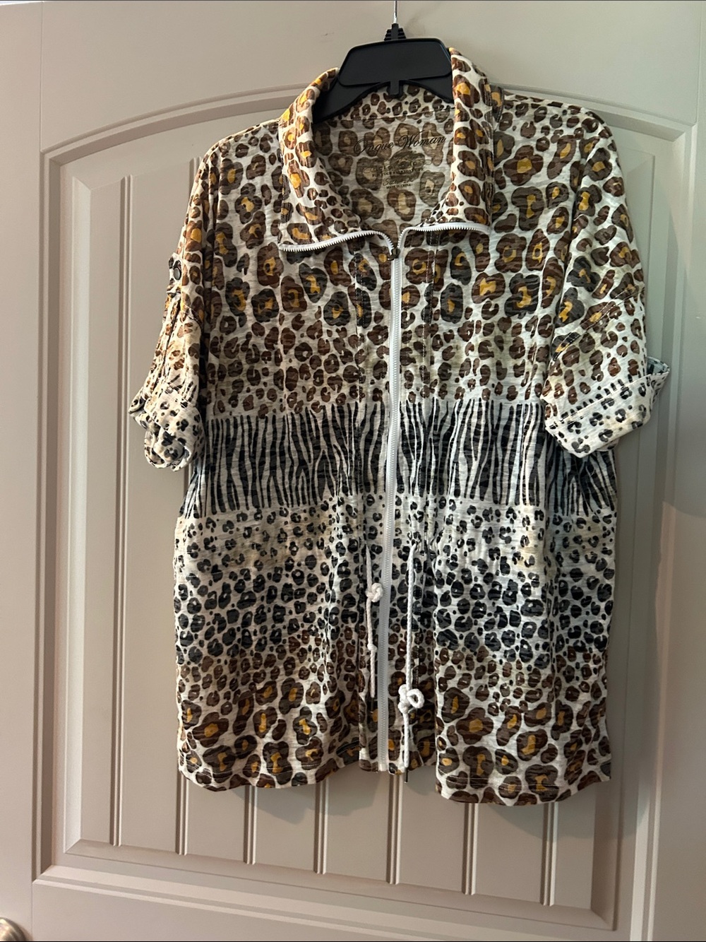 Leopard & Zebra Print Short Sleeve Zip Front Jacket White, Brown, Black